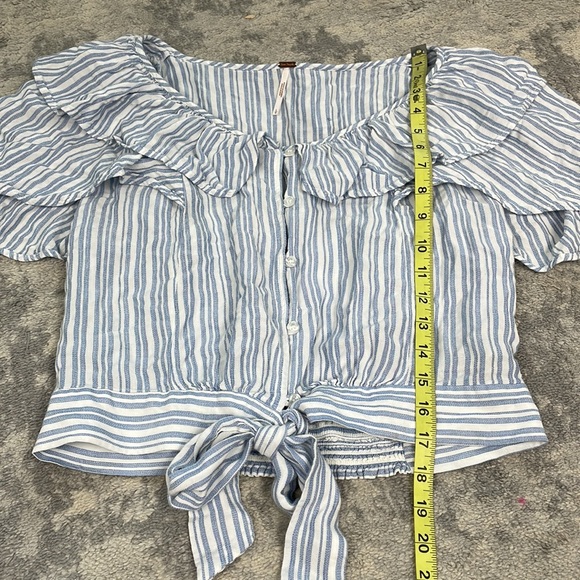 Free People The Rosemary Top Tie Waist Blouse Flutter Ruffle Blue Stripe Sz L - Picture 9 of 12